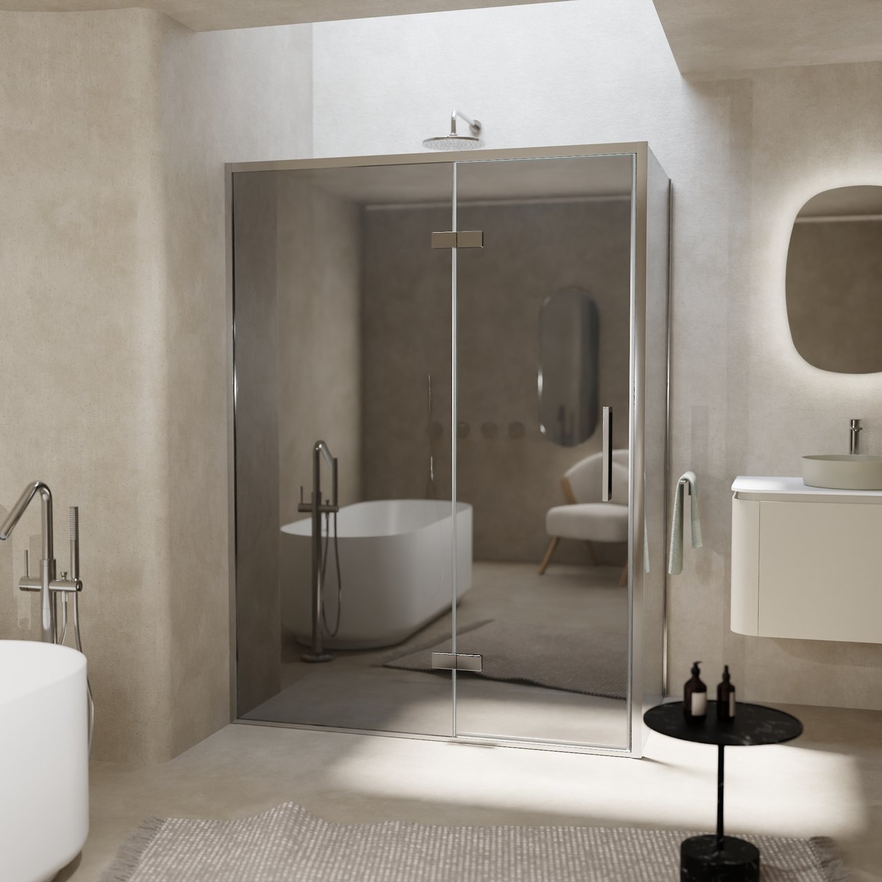 Balmani Senses Design Eckdusche: Drehtür (Links) mit fixierte Seitenwand, 140 x 90 cm, Reflex-Spiegelglas, Profil Chrom, inklusive Coating