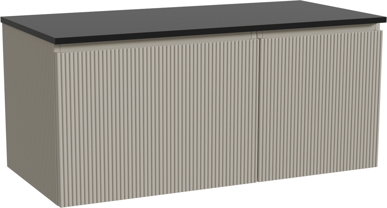 Storke Ribs zwevend badmeubel 110 x 52 cm zijdegrijs met Panton enkel wastafelblad in gepoedercoate mdf mat zwart, Verticale symmetrische rechte ribbel