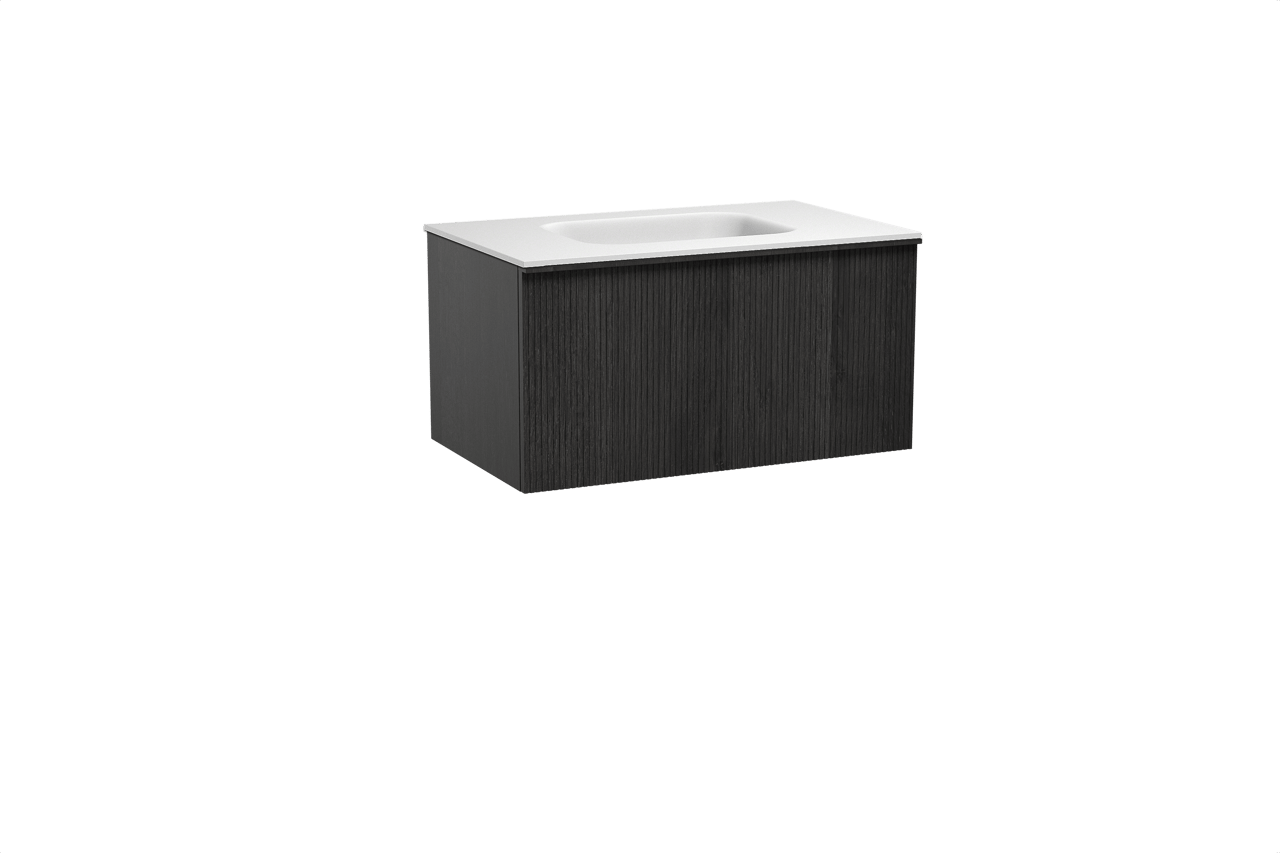 Balmani Forma zwevend badkamermeubel 90 x 55 cm zwarte eik met Tablo Arcato enkele wastafel in solid surface mat wit, Verticale symmetrische rechte ribbel