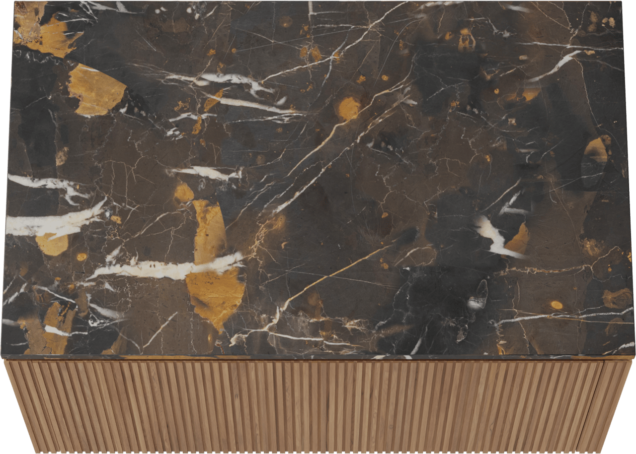 Balmani Eclips zwevend badmeubel 90 x 55 cm Teakhout met Stretto enkel wastafelblad in Portoro Gold marmer, Verticale symmetrische rechte ribbel