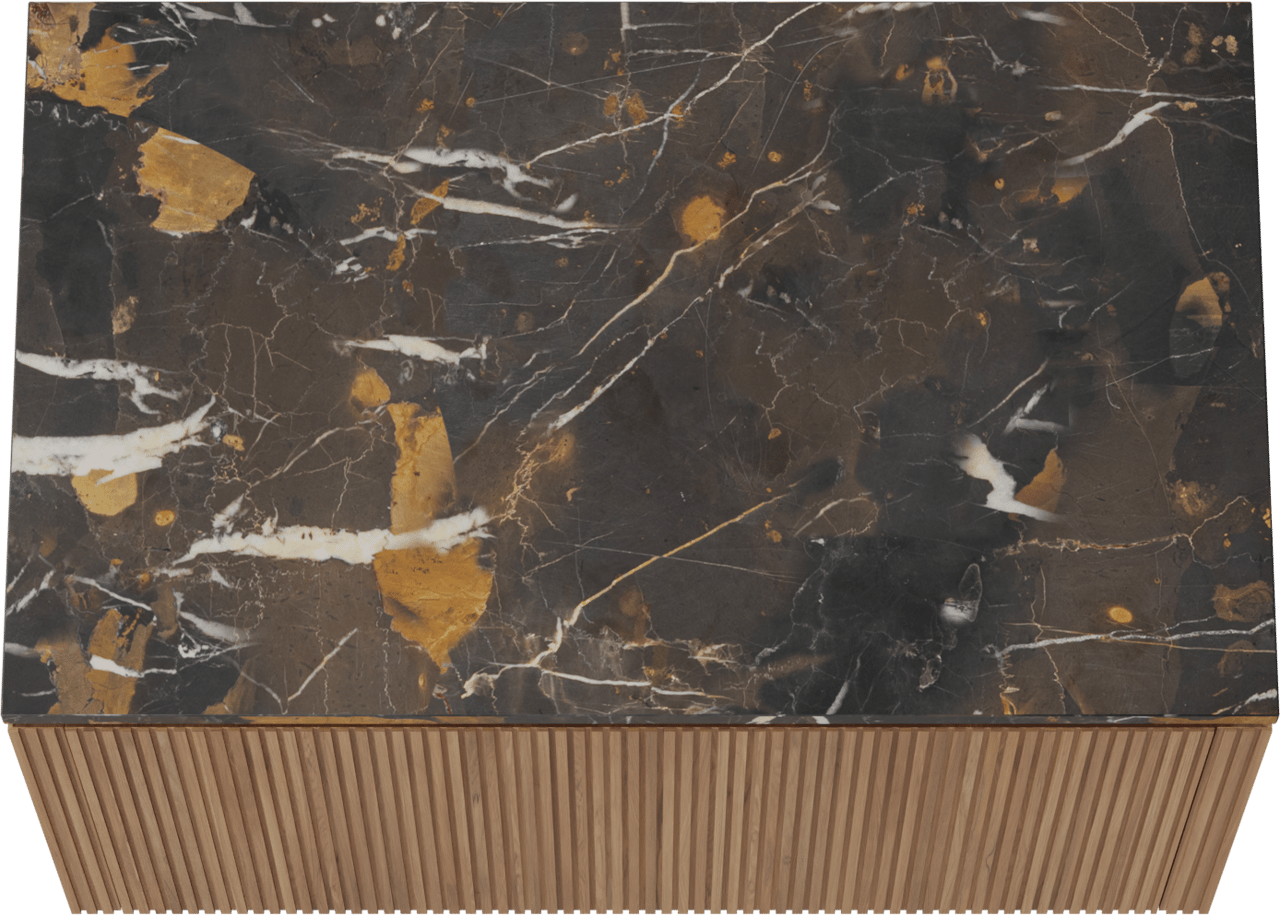 Balmani Eclips meuble salle de bains suspendu 90 x 55 cm Teck avec Stretto tablette simple en Portoro Gold marbre, Nervure droite symétrique verticale