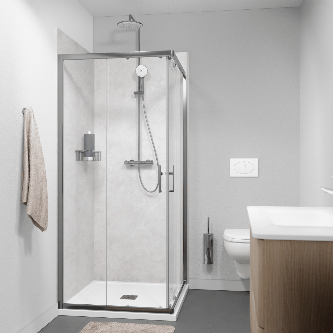 Linie Cadiz douchecabine met hoekinstap en dubbel schuifdeur 90 x 90 cm helder glas geborsteld chroom profiel