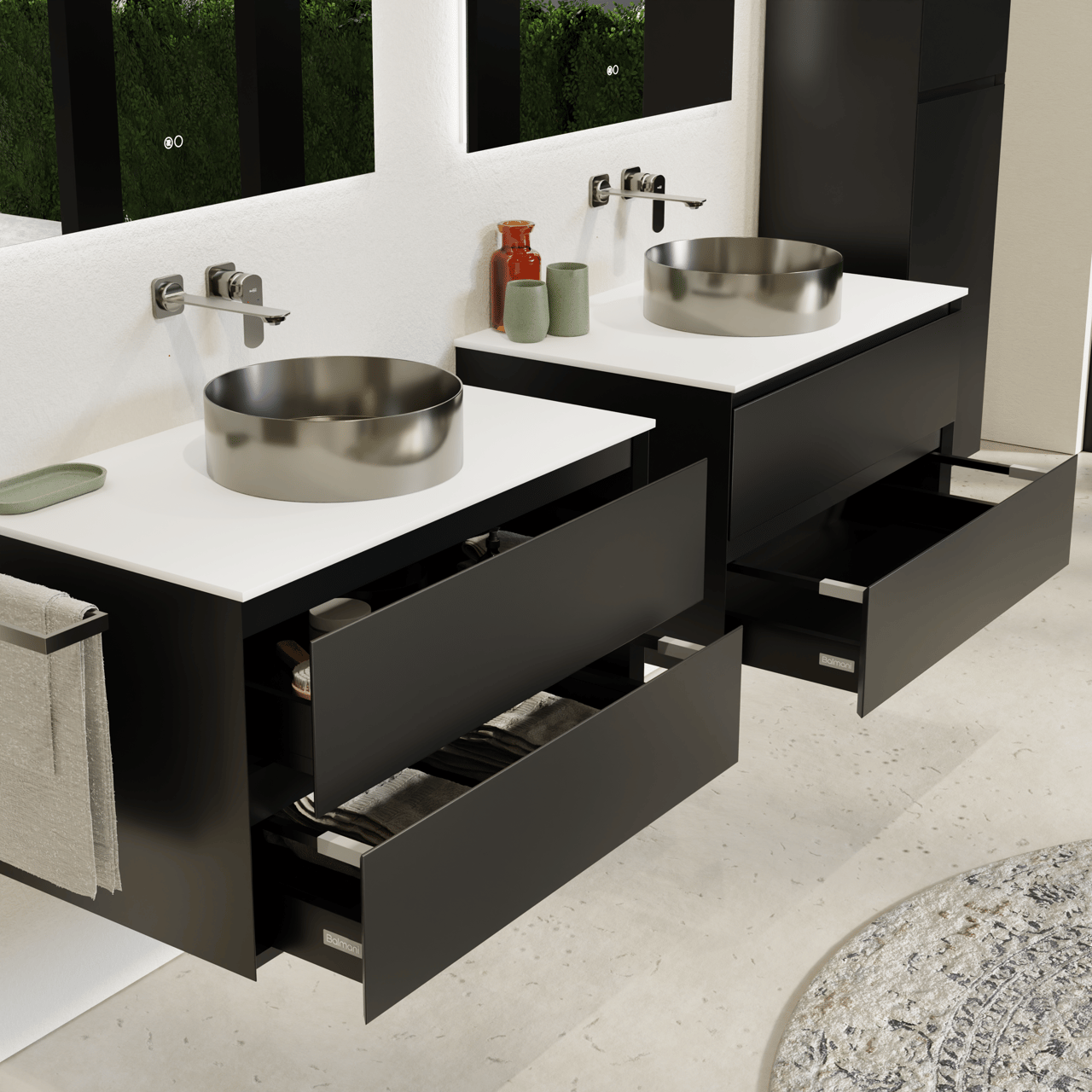 Balmani Mitra meuble salle de bains suspendu 90 x 55 cm noir mat avec Stretto tablette simple en solid surface blanc mat