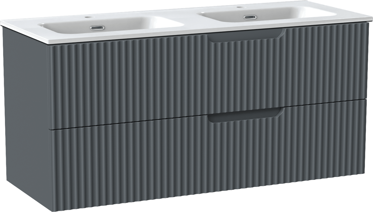 Linie Ribbo zwevend badmeubel 120 x 46 cm blauw antraciet met Baro dubbele wastafel in porselein hoogglans wit, Verticale symmetrische ronde ribbel