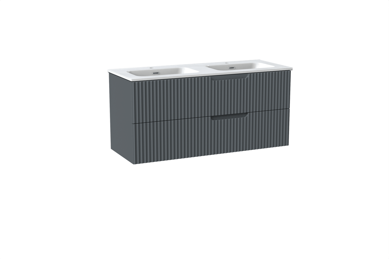 Linie Ribbo meuble salle de bains suspendu 120 x 46 cm bleu anthracite avec Baro double vasque en porcelaine blanc brillant, Nervure circulaire symétrique verticale