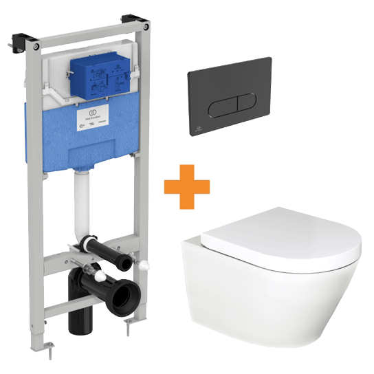 Luca Varess Calibro WC suspendu blanc mat sans bride avec bâti-support et Ideal Standard Oleas M1 noir mat plaque de commande gratuit