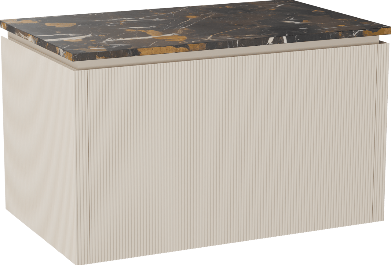 Balmani Eclips zwevend badkamermeubel 90 x 55 cm Sandbeige met Stretto enkel tablet in Portoro Gold marmer, Verticale symmetrische rechte ribbel