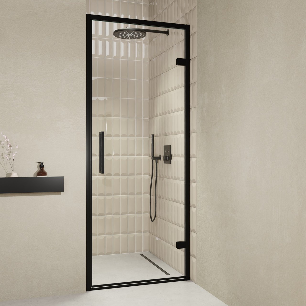 Balmani Senses Design douche draaideur rechts 90 cm x 210 cm Helder glas, Zwarte profielen