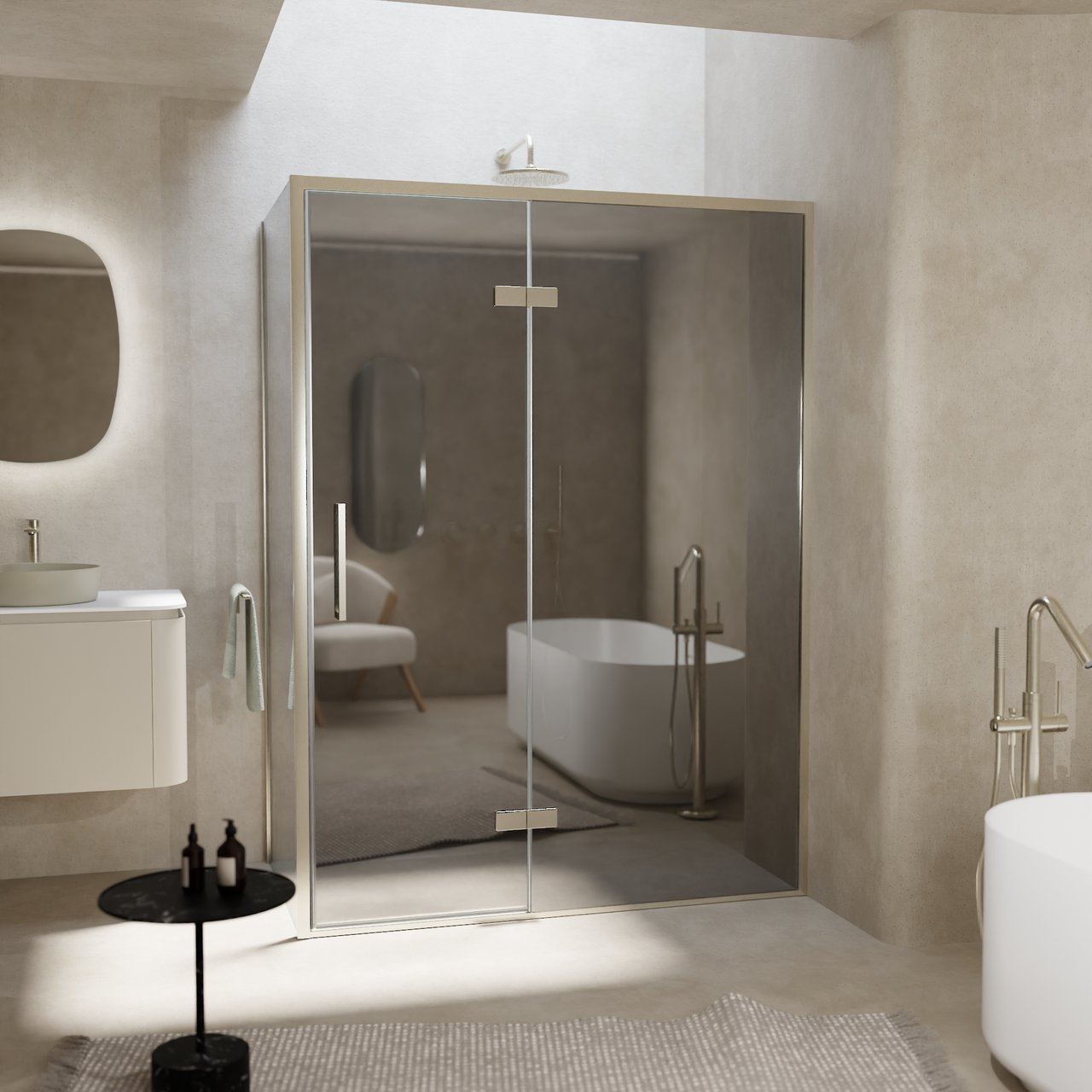 Balmani Senses Design douche en coin avec porte pivotante à droite et paroi latérale fixe, 140 x 80 cm, Miroir Reflex, Profil Brushed CoolMetal, coating inclus