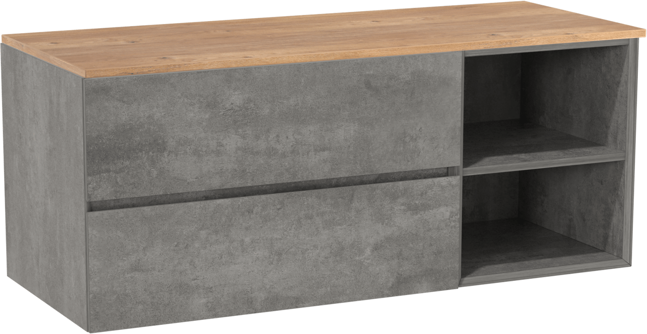 Storke Edge zwevend badkamermeubel 130 x 52 cm beton donkergrijs met Panton enkel of dubbel tablet in melamine ruwe eik