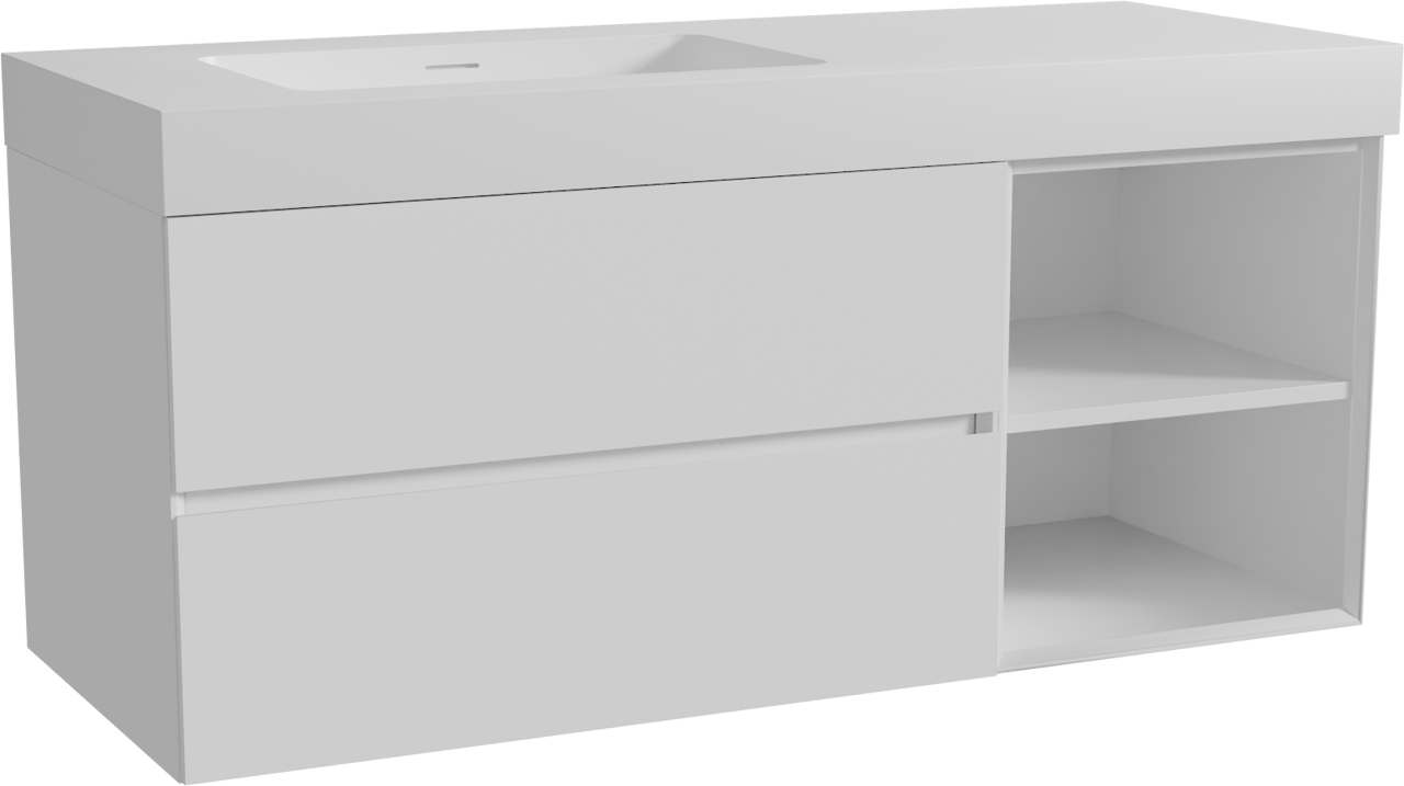 Storke Edge zwevend badmeubel 130 x 52 cm mat wit met Mata High asymmetrisch linkse wastafel in solid surface mat wit