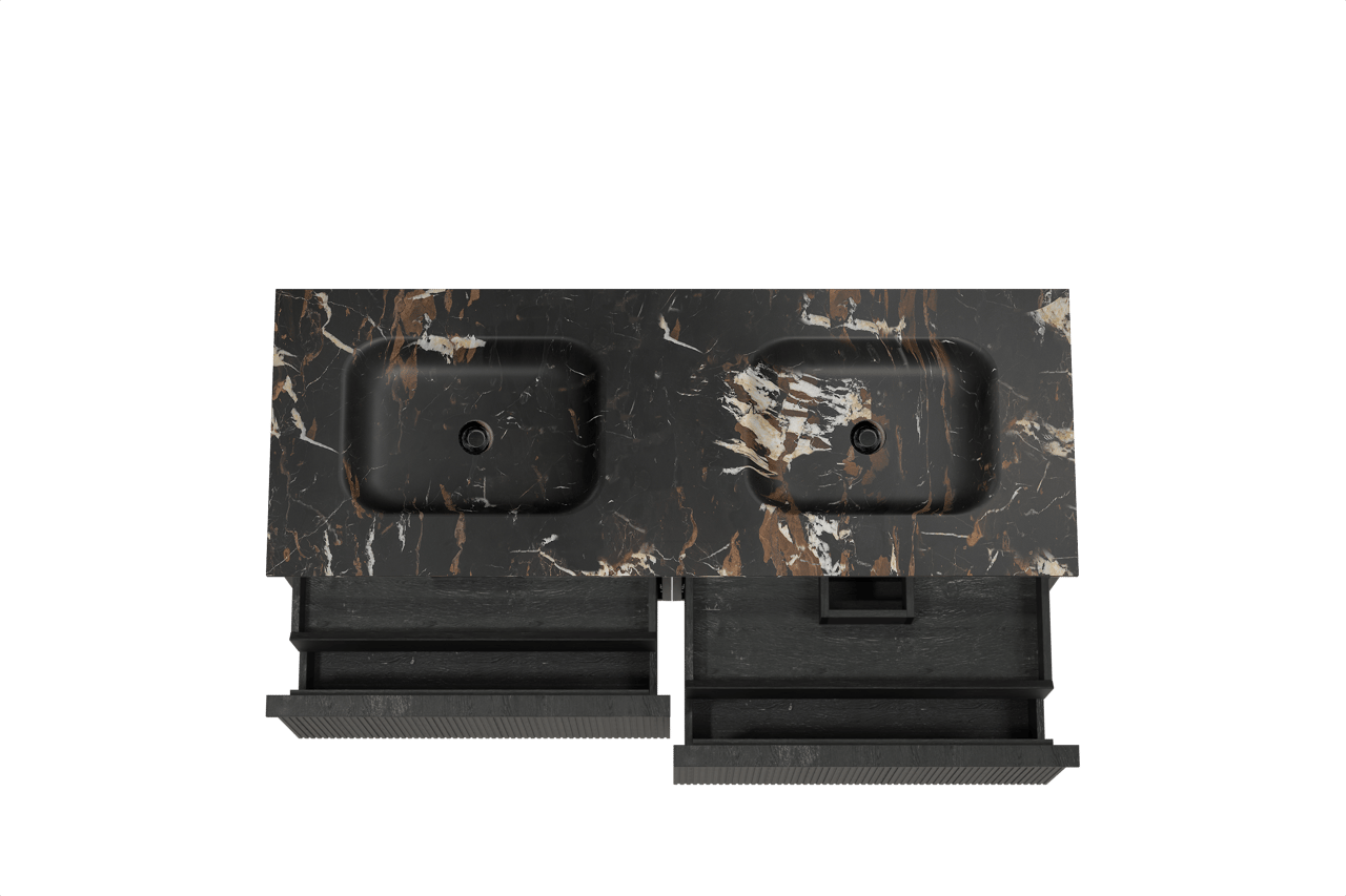 Balmani Forma hängendes Möbelstück Set: 150 x 55 cm, Schwarze Eiche, mit Tablo Arcato Doppelwaschtisch, Marmor, Portoro Gold, Vertikale symmetrische gerade Rippe