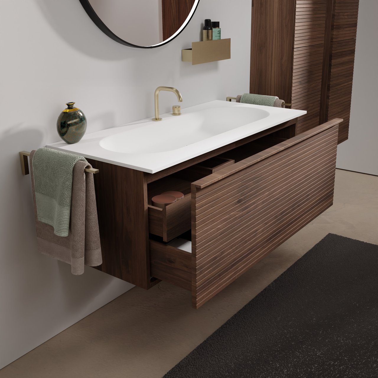 Balmani Forma zwevend badmeubel 120 x 55 cm amerikaans notenhout met Tablo Oval enkele wastafel voor 2 kraangaten in solid surface mat wit, Horizontale symmetrische rechte ribbel