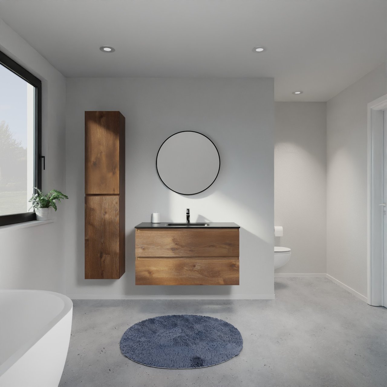 Linie Lado meuble salle de bains suspendu 100 x 46 cm chêne brun avec Baro plan simple en porcelaine noir mat