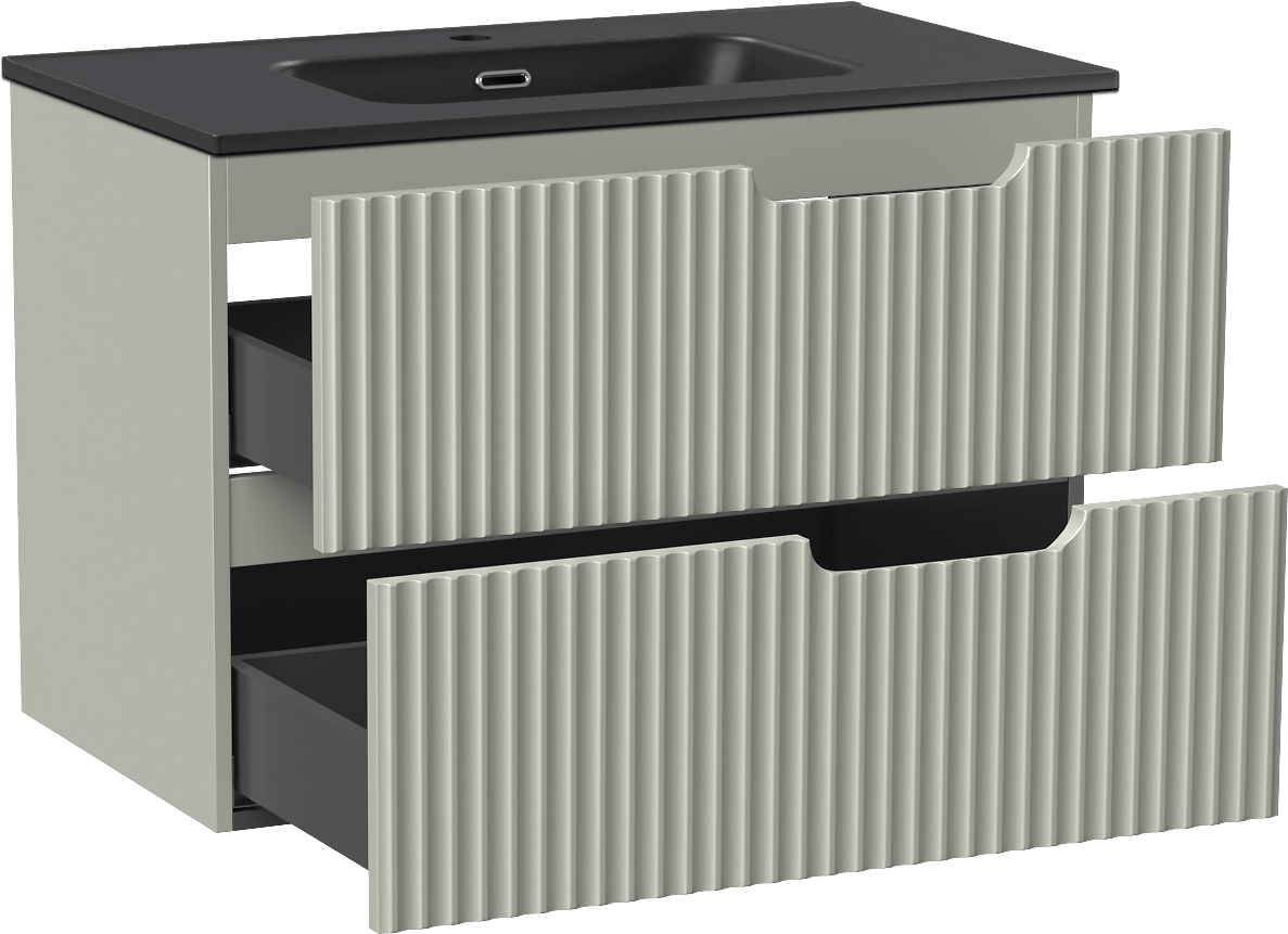 Linie Ribbo zwevend badmeubel 80 x 46 cm greige met Baro enkele wastafel in porselein mat zwart, Verticale symmetrische ronde ribbel