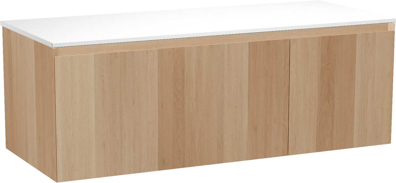 Balmani Idra meuble salle de bains suspendu 135 x 55 cm chêne naturel avec Stretto tablette simple ou double en solid surface blanc mat