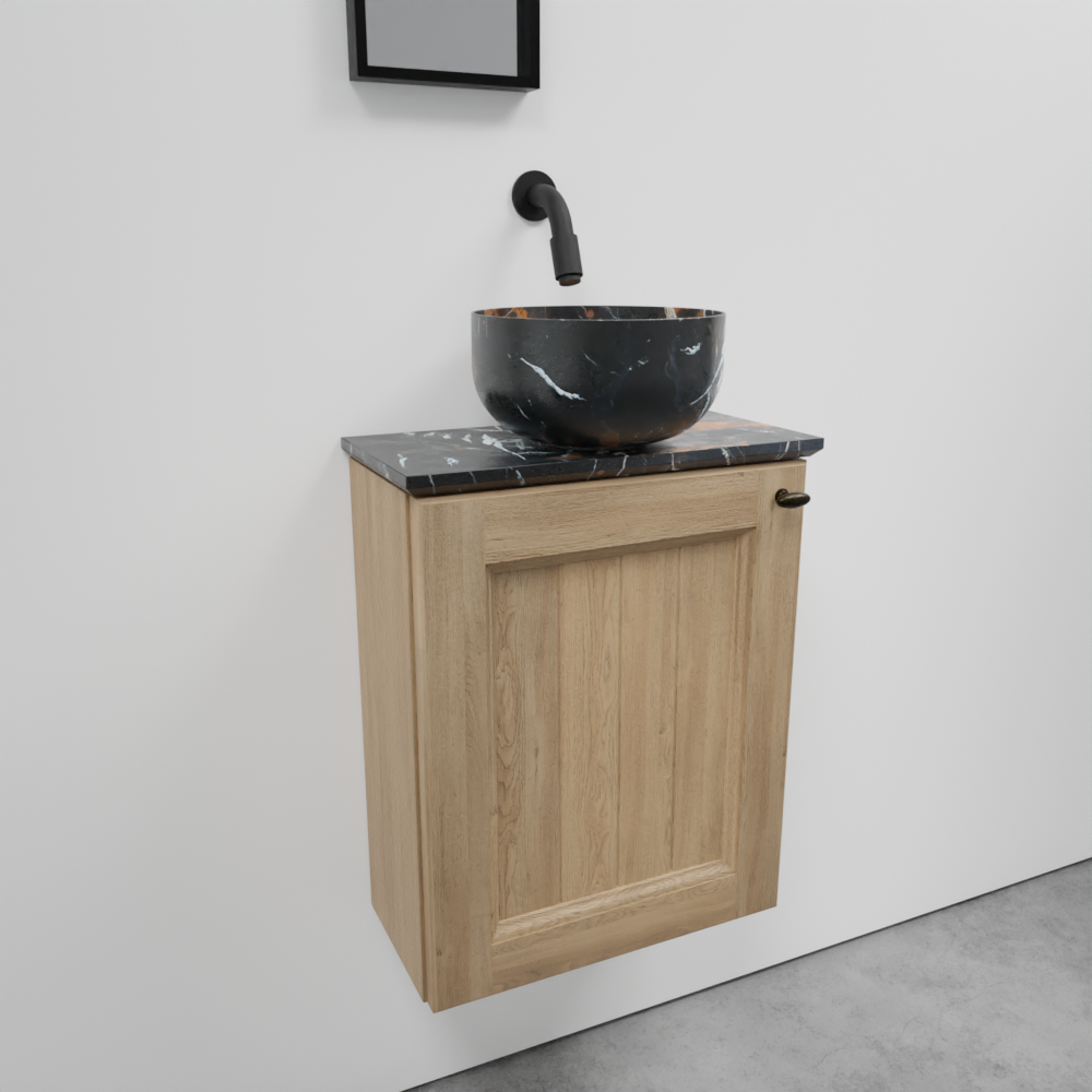 Balmani Lemon zwevend toiletmeubel 42 x 21 cm verweerd eiken met Facetta wastafelblad en Bowl waskom in Portoro Gold marmer