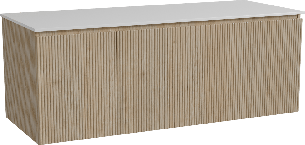 Storke Ribs zwevend badmeubel 130 x 52 cm ruw eiken met Tavola enkel of dubbel wastafelblad in solid surface mat wit, Verticale symmetrische rechte ribbel