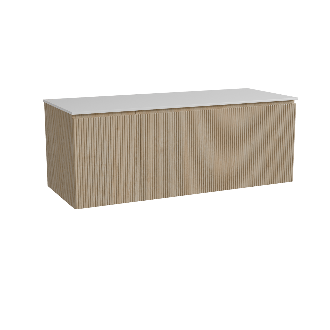 Storke Ribs meuble salle de bains suspendu 130 x 52 cm chêne brut avec Tavola tablette simple ou double en solid surface blanc mat, Nervure droite symétrique verticale