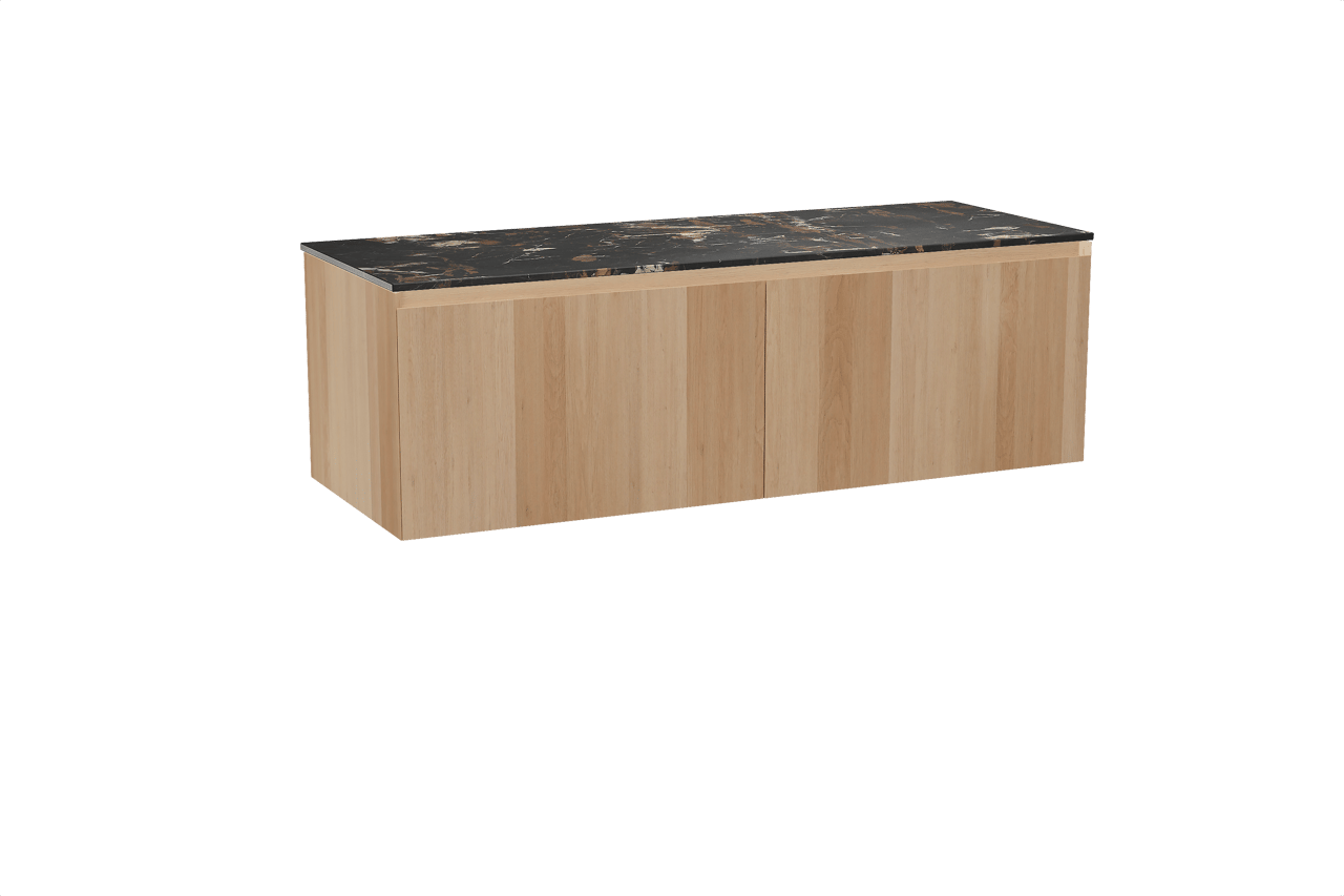 Balmani Idra zwevend badmeubel 150 x 55 cm naturel eiken met Stretto enkel of dubbel wastafelblad in marmer portoro gold