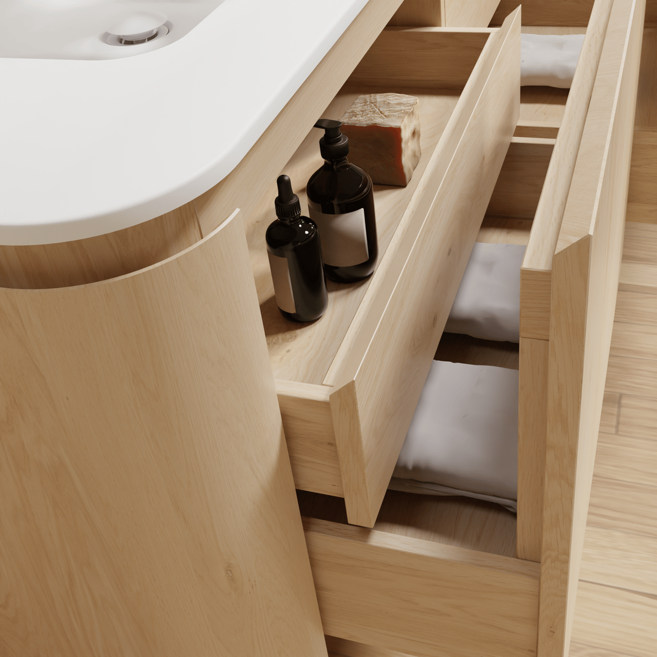 Balmani Moon hängendes Möbelstück Set: 160 x 55 cm, Naturbelassene Eiche, mit Moon Doppelwaschtisch, Solid Surface Weiß matt