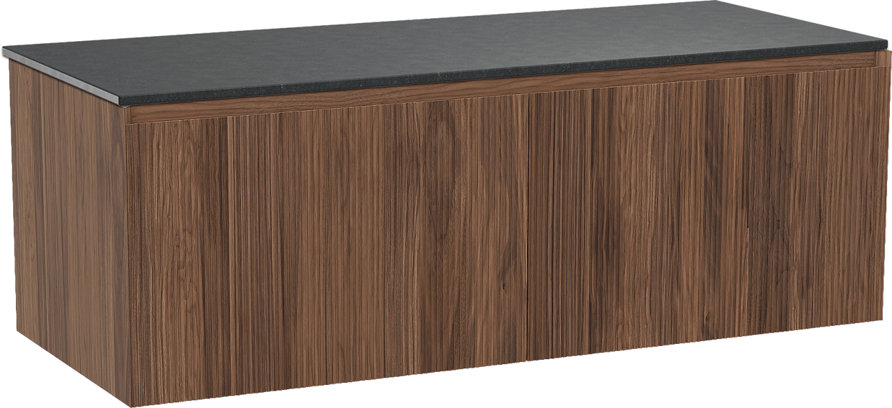 Balmani Fila meuble salle de bains suspendu 135 x 55 cm noyer avec Stretto tablette simple ou double en granit noir, Nervure droite symétrique verticale