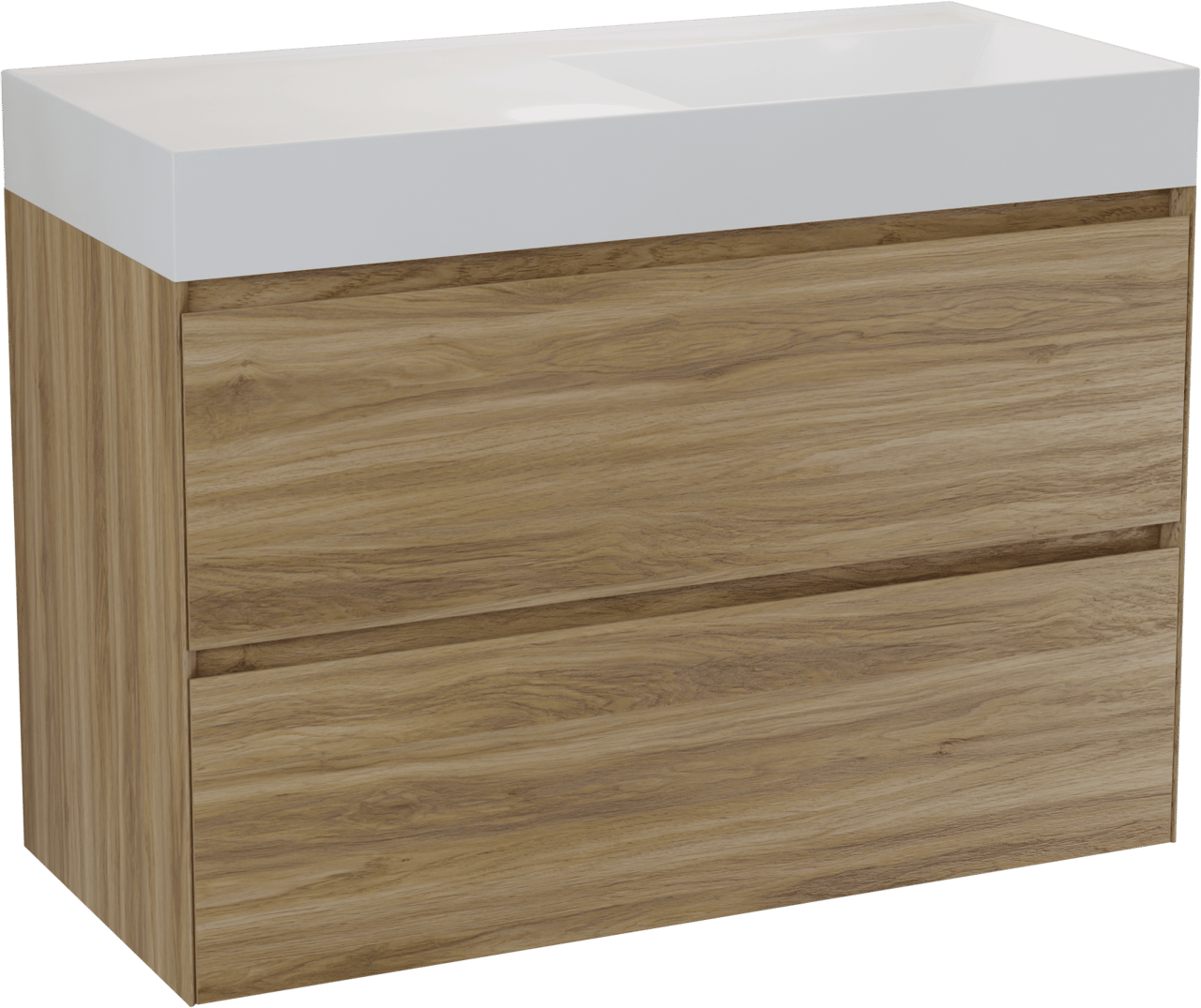 Balmani Mitra Compact zwevend badkamermeubel 100 x 46 cm wilde eik met Argila asymmetrisch rechtse wastafel in composietmarmer glanzend wit