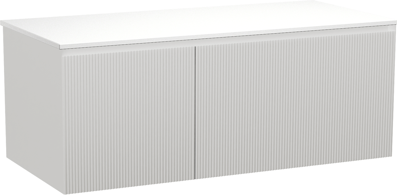 Balmani Fila zwevend badkamermeubel 120 x 55 cm mat wit met Stretto enkel of dubbel tablet in solid surface mat wit, Verticale symmetrische rechte ribbel