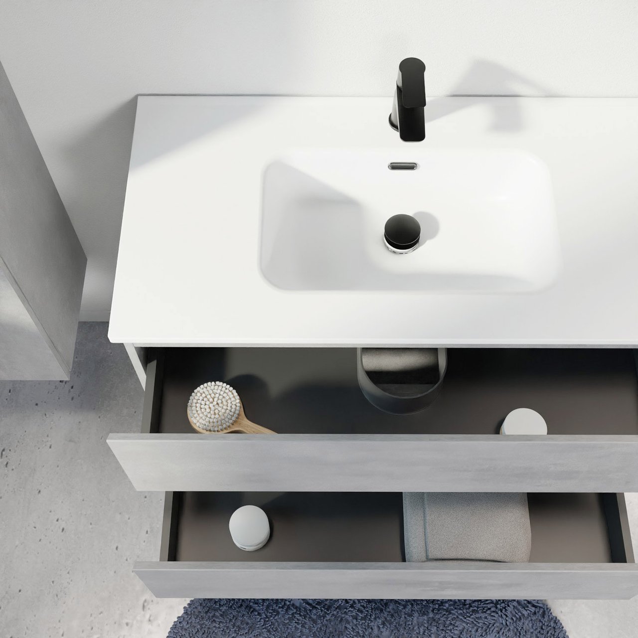 Linie Lado zwevend badmeubel 80 x 46 cm beton donkergrijs met Baro enkele wastafel in porselein mat wit