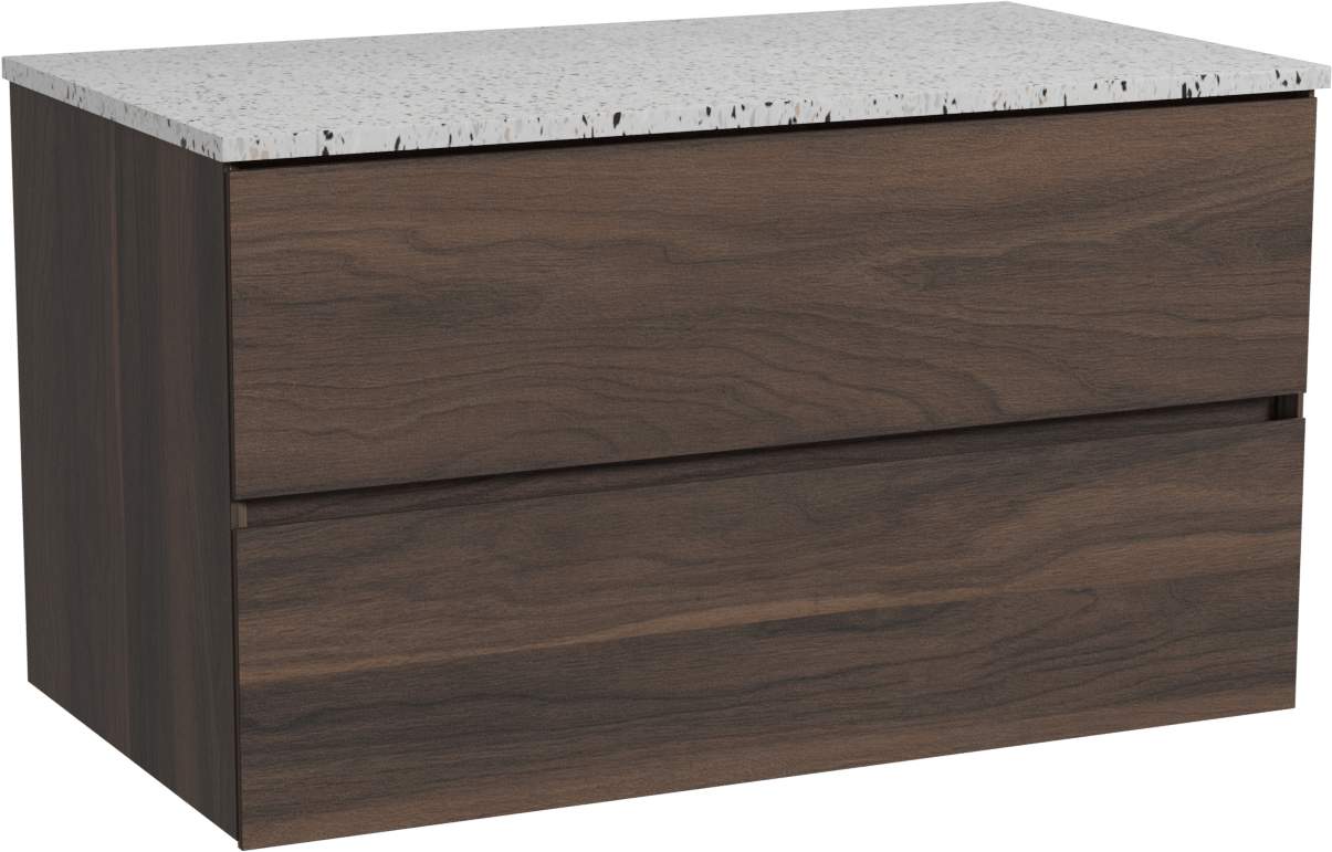 Storke Edge zwevend badmeubel 95 x 52 cm notenhout met Tavola enkel wastafelblad in mat wit/zwart terrazzo