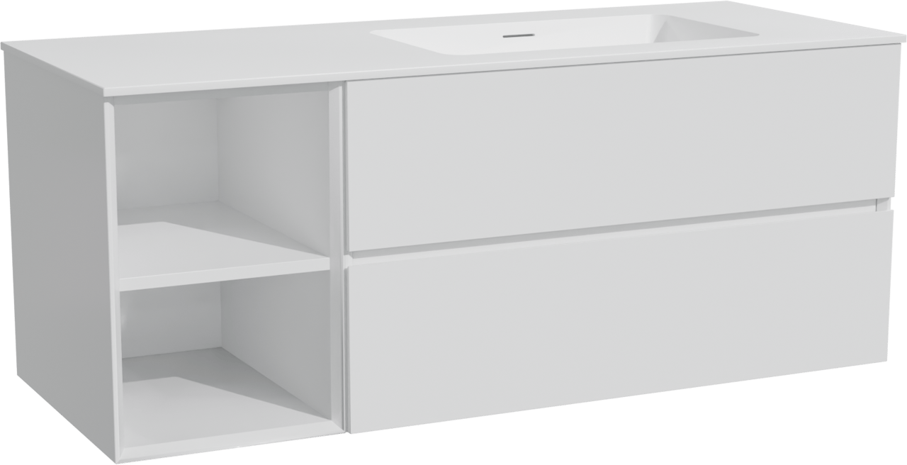 Storke Edge meuble salle de bains suspendu 130 x 52 cm blanc mat avec Mata plan vasque asymétrique à droite en solid surface blanc mat