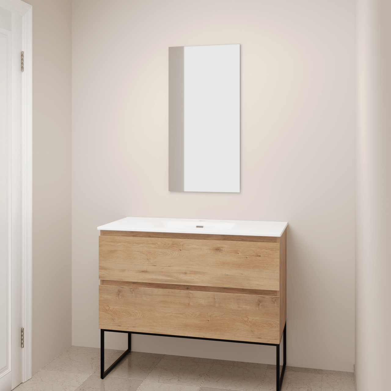 Linie Lado freistehendes Möbelstück Set: 100 x 46 cm, Naturbelassene Eiche, mit Baro Einzelwaschtisch, Porzellan Weiß glänzend mit Lado dekorativer Rahmen und Soto Badspiegel