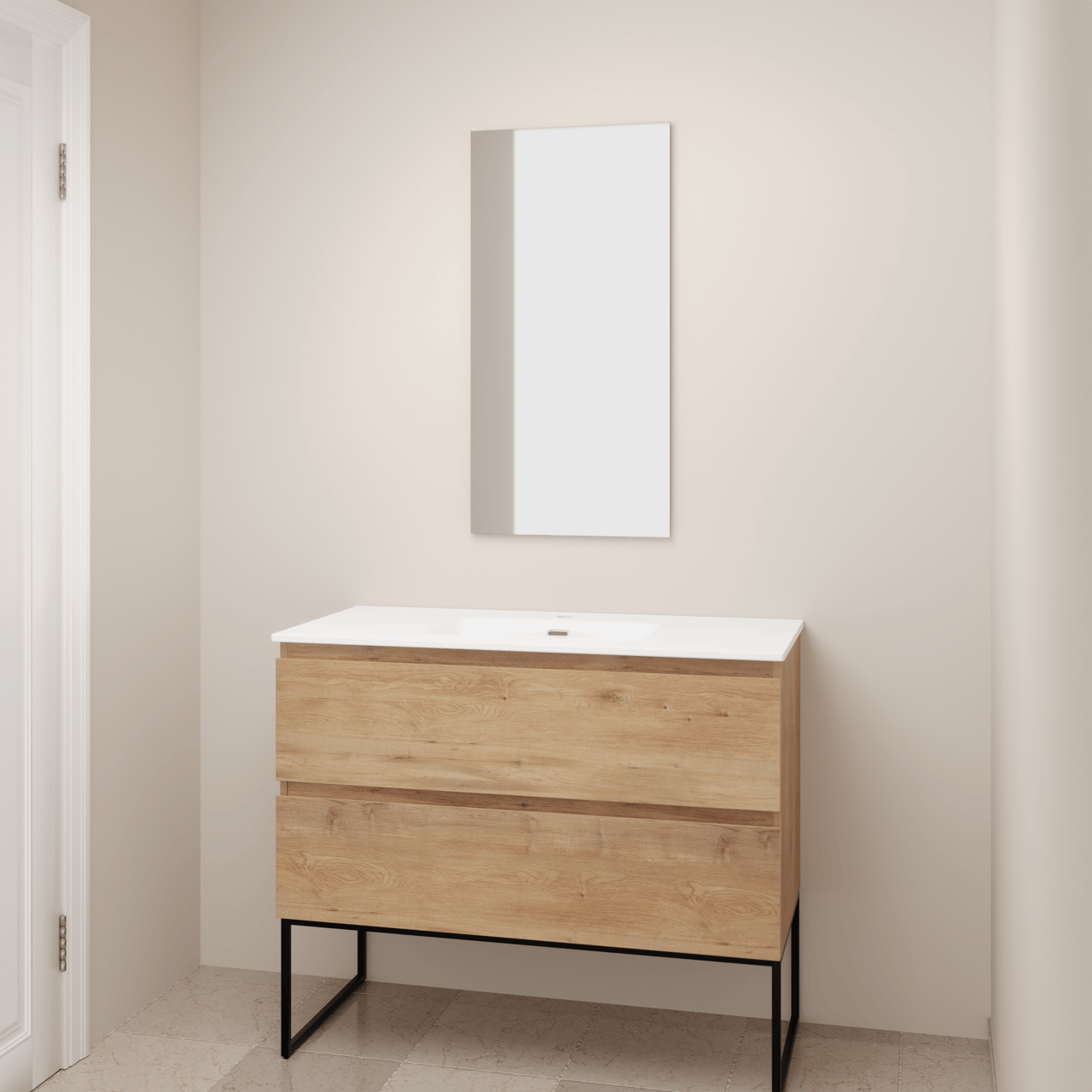 Linie Lado freistehendes Möbelstück Set: 100 x 46 cm, Naturbelassene Eiche, mit Baro Einzelwaschtisch, Porzellan Weiß glänzend mit Lado dekorativer Rahmen und Soto Badspiegel