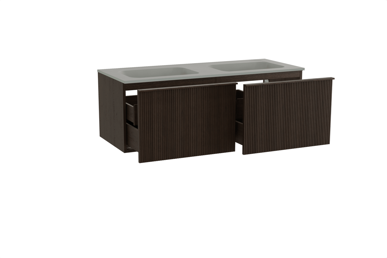 Balmani Forma zwevend badkamermeubel 135 x 55 cm gerookte eik met Tablo Strada dubbele wastafel in composietmarmer zijdegrijs, Verticale symmetrische rechte ribbel