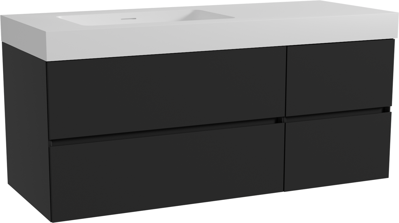 Storke Edge zwevend badmeubel 130 x 52 cm mat zwart met Mata High asymmetrisch linkse wastafel in solid surface mat wit