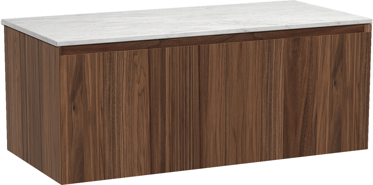 Balmani Idra zwevend badkamermeubel 120 x 55 cm notelaar met Stretto enkel of dubbel tablet in marmer carrara