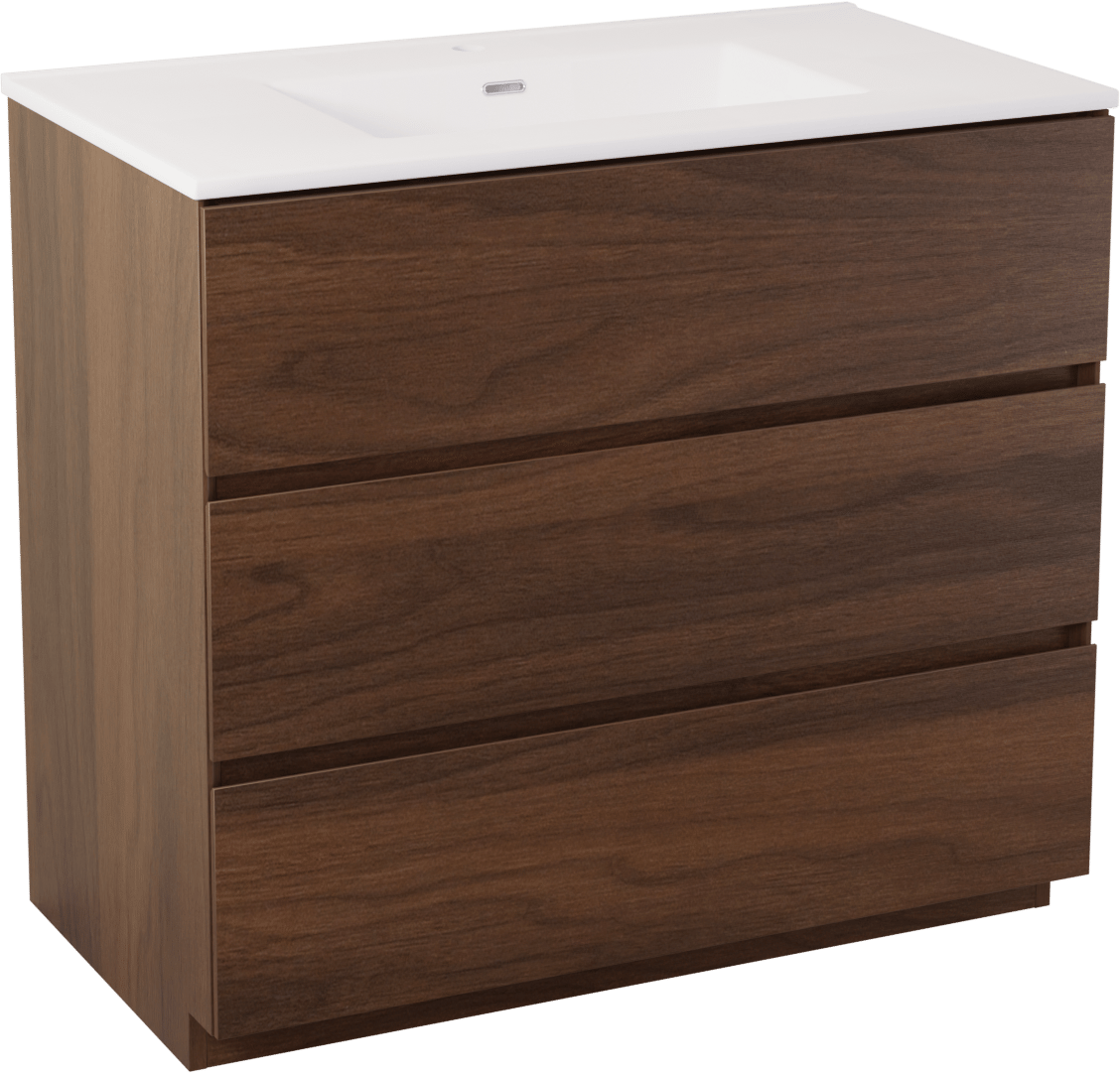 Storke Edge staand badmeubel 95 x 52 cm notenhout met Kera enkele wastafel in porselein mat wit, afvoerplug inbegrepen