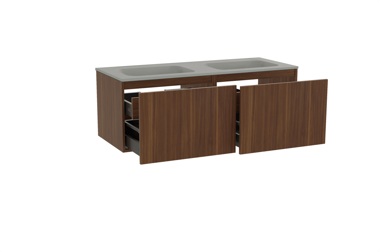 Balmani Sfera hängendes Möbelstück Set: 135 x 55 cm, Amerikanischer Nussbaum, mit Tablo Strada Doppelwaschtisch, Marmorkomposit Seidengrau