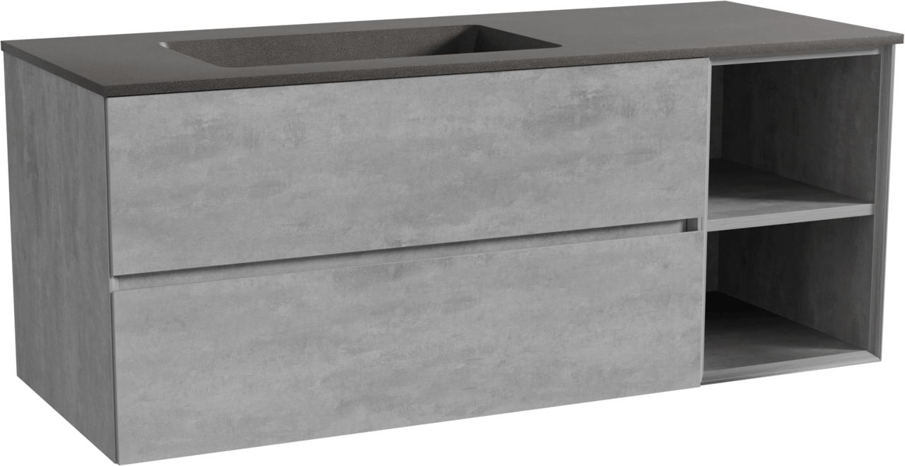 Storke Edge zwevend badkamermeubel 130 x 52 cm beton donkergrijs met Scuro asymmetrisch linkse wastafel in kwarts mat zwart