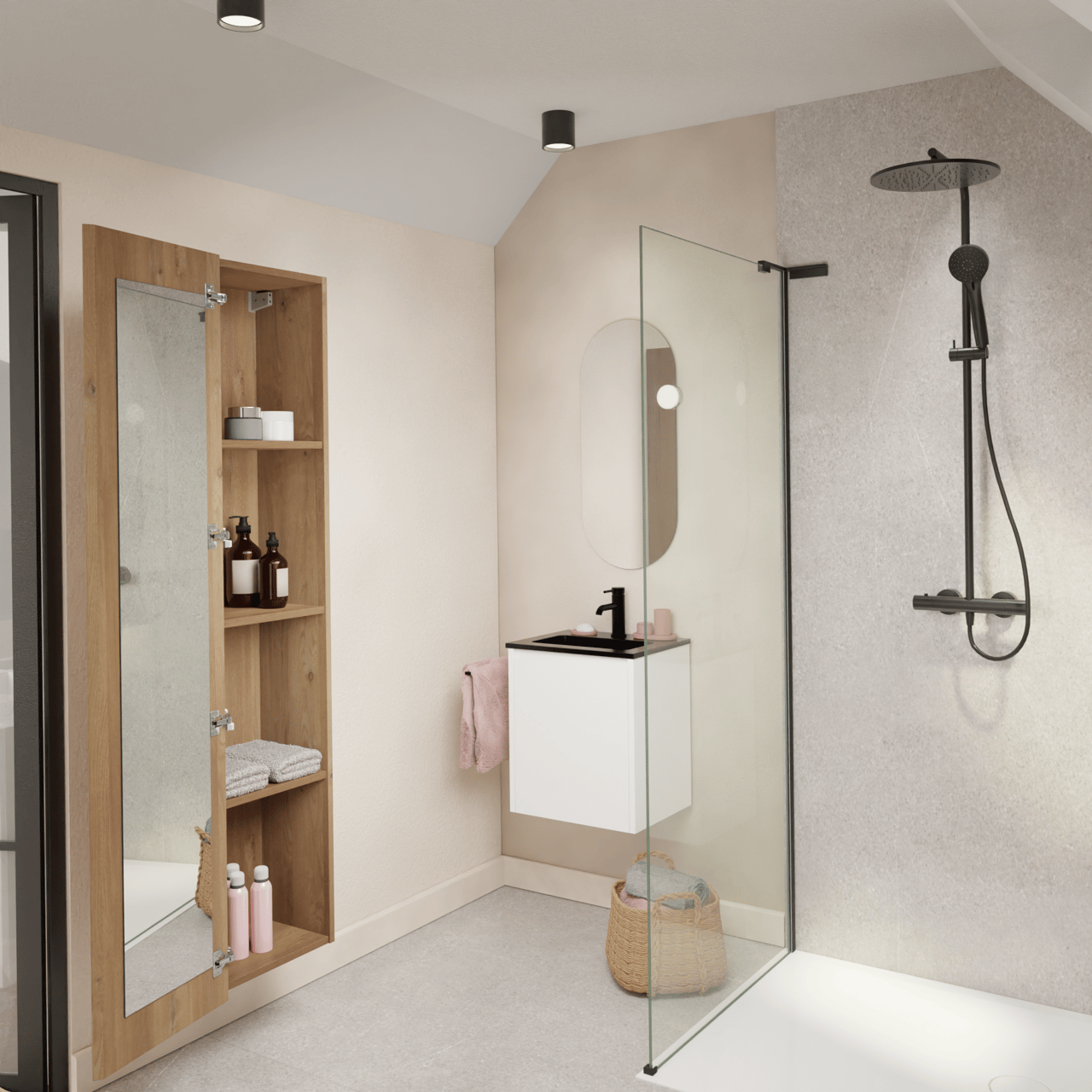 Storke Seda hängendes Möbelstück Set: 45 x 35 cm, Weiß matt, mit Scuro Einzelwaschtisch, Quarz Schwarz matt