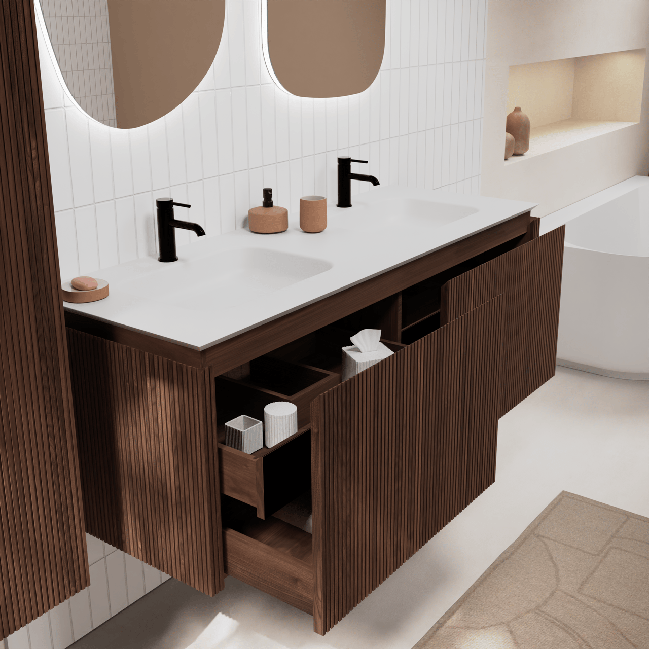 Balmani Eclips meuble salle de bains suspendu 150 x 55 cm Noyer américain avec Eclips double vasque en Solid Surface blanc mat, Nervure droite symétrique verticale