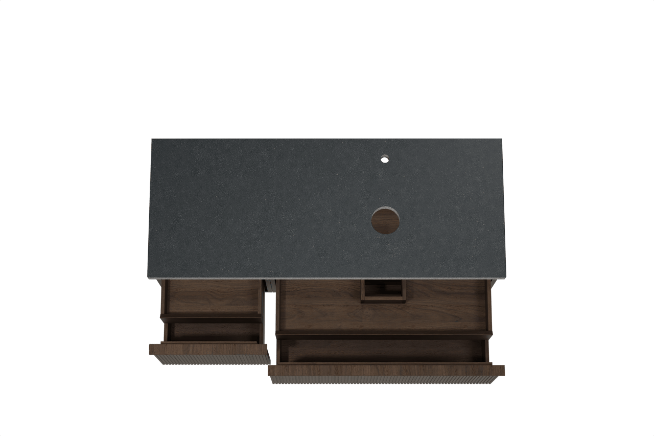 Balmani Forma zwevend badkamermeubel 135 x 55 cm gerookte eik met Rock asymmetrisch rechtse wastafel in graniet zwart, Verticale symmetrische rechte ribbel