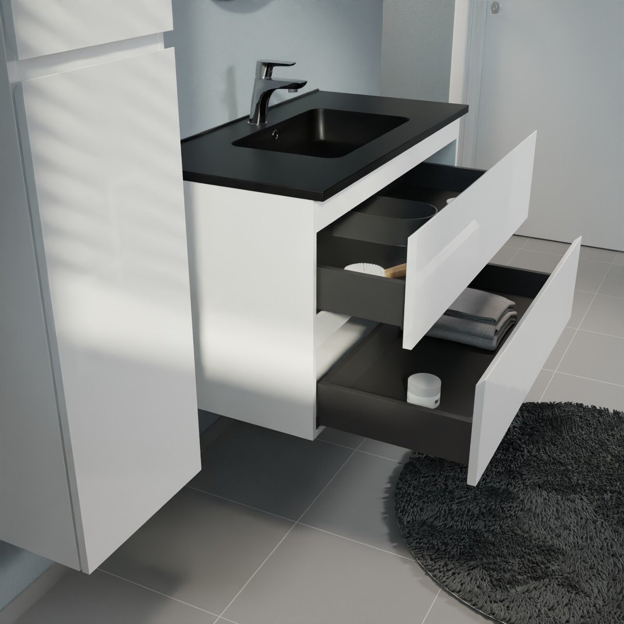 Linie Lado hängendes Möbelstück Set: 90 x 46 cm, Weiß glänzend, mit Vano Einzelwaschtisch, Marmorkomposit Schwarz matt