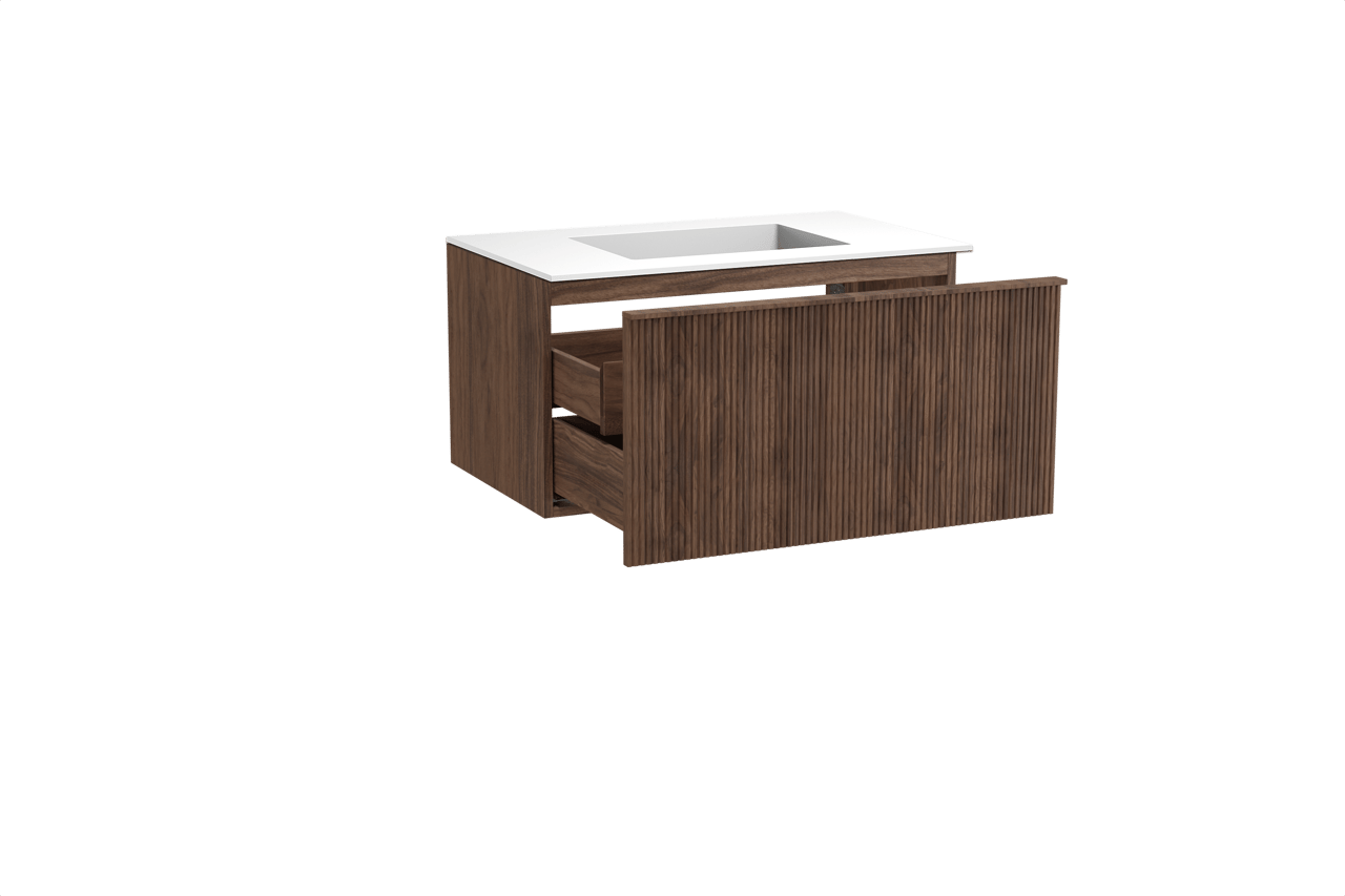 Balmani Forma hängendes Möbelstück Set: 90 x 55 cm, Amerikanischer Nussbaum, mit Tablo Stretto Einzelwaschtisch, Solid Surface, Weiß matt, Vertikale symmetrische gerade Rippe