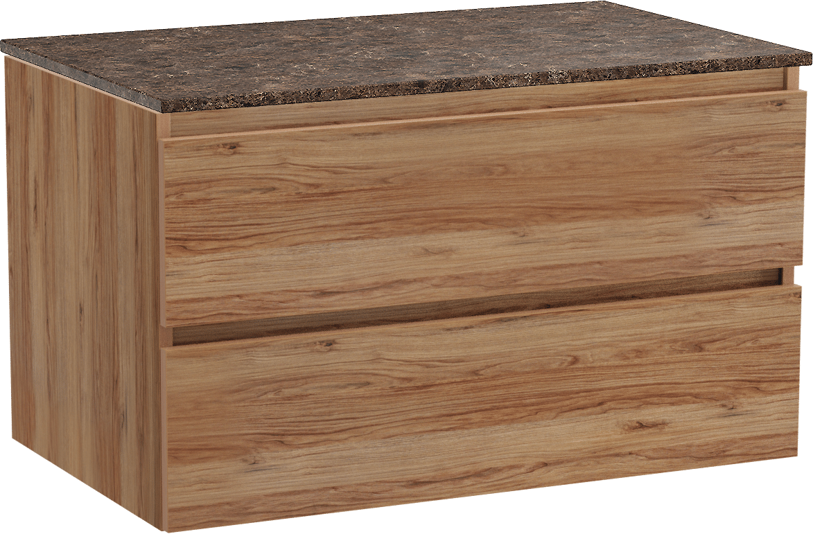 Balmani Lucida hängendes Möbelstück Set: 90 x 55 cm, Teak, mit Stretto Einzel Waschtischplatte, Marmor Dark Emperador