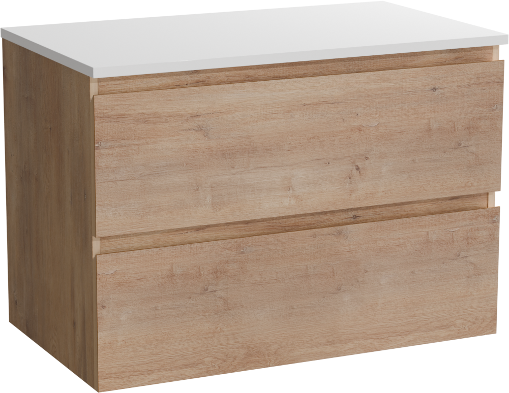 Linie Lado meuble salle de bains suspendu 80 x 46 cm chêne naturel avec Lado tablette simple en marbre composite blanc mat