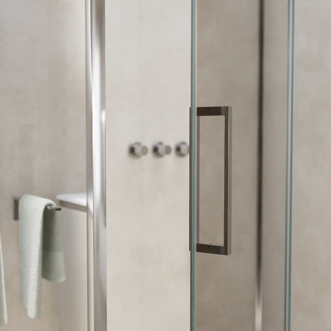 Balmani Senses Design douche en coin avec porte pivotante à droite et paroi latérale fixe, 140 x 70 cm, Verre transparent, Profil chrome, coating inclus, coating inclus