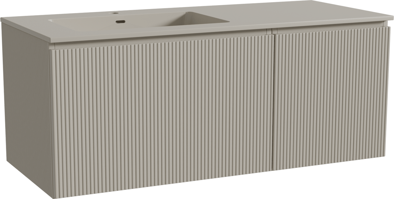 Storke Ribs hängendes Möbelstück Set: 120 x 52 cm, Seidengrau, mit Diva Waschtisch links, Top Solid, Seidengrau, Vertikale symmetrische gerade Rippe und Somma Badspiegel