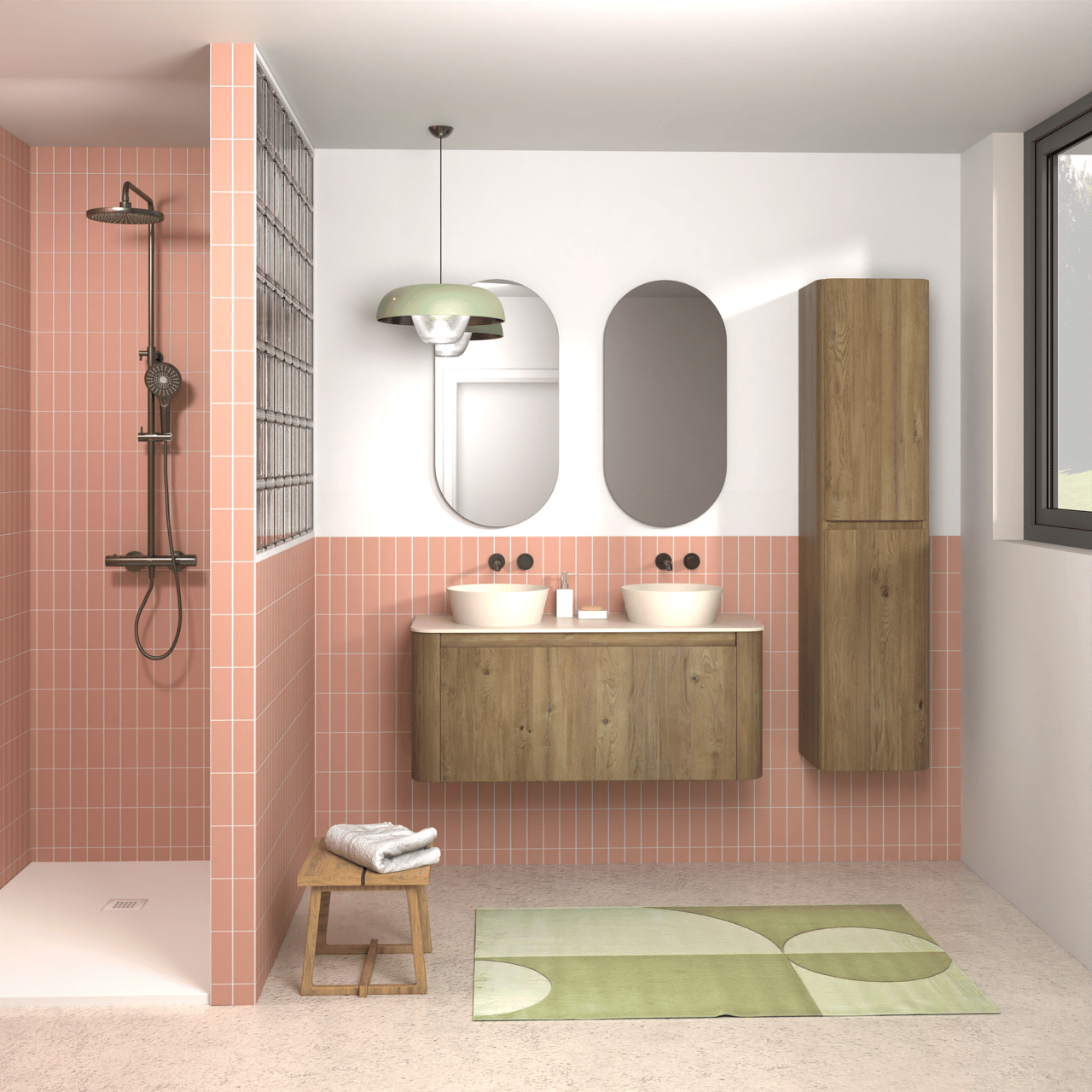 Storke Soft meuble salle de bains suspendu 120 x 46 cm chêne brut avec Tavola Soft tablette simple ou double vasque en Solid Surface beige granite