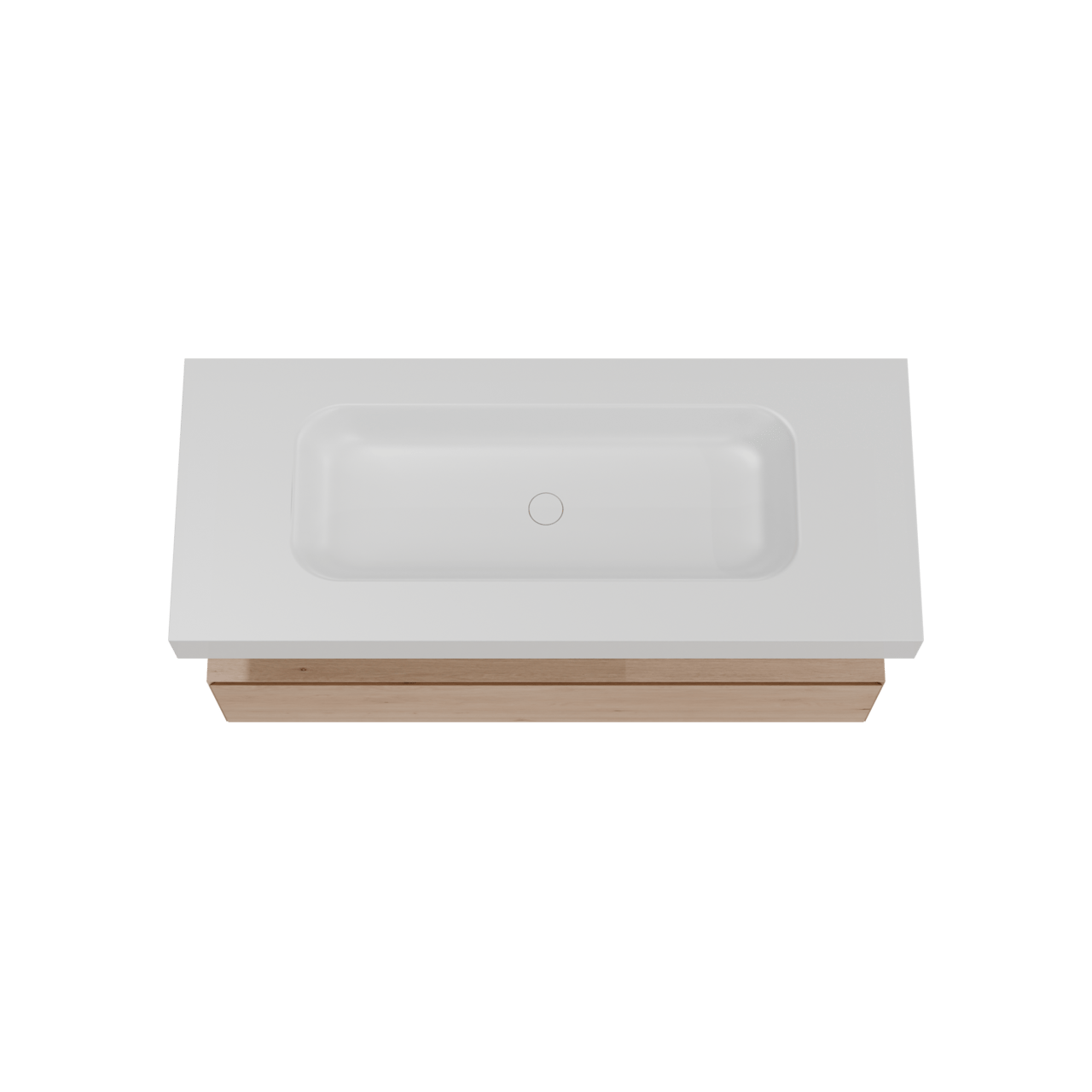 Balmani Mitra Elements zwevend badkamermeubel 135 x 55 cm natuur eik met Arcato enkele wastafel voor 2 kraangaten in solid surface mat wit
